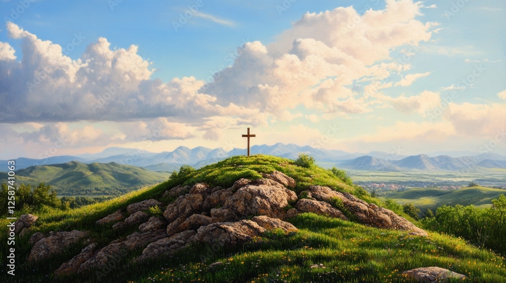 Fototapeta premium A serene landscape featuring a cross on a hill, surrounded by lush greenery and mountains.