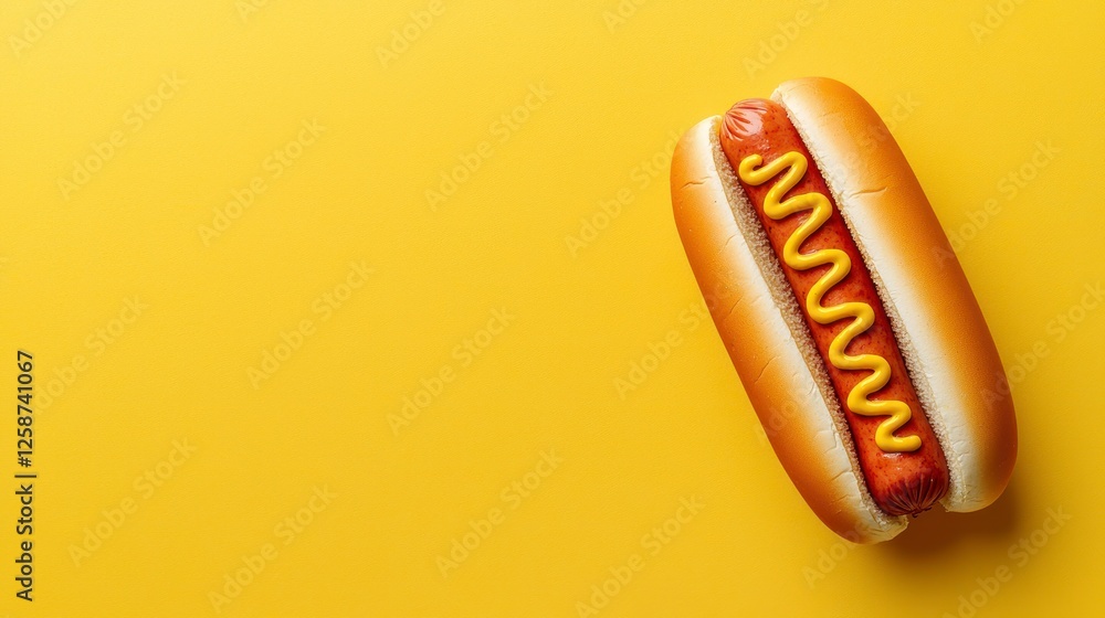Top view of a hot dog with mustard on a bright yellow background Top view of a hot dog with mustard on a bright yellow background