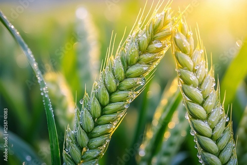 Wheat ears stand tall in a vibrant field, their tips adorned with dew drops while the morning sun bathes everything in a golden glow. Generative AI photo