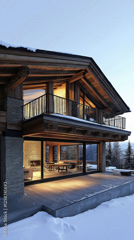 Fototapeta premium Modern wooden chalet in snowy mountain landscape at dusk