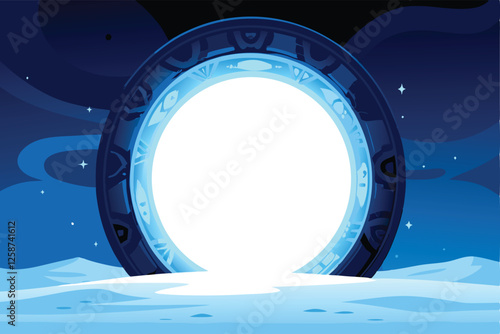 Create a vibrant vector background featuring a glowing, otherworldly alien portal opening, showcasing intricate details and cosmic energy.