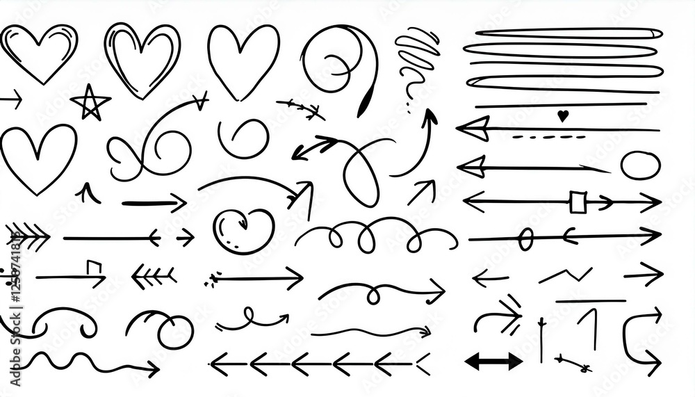 Obraz premium Line hand drawn marker arrow, heart, text highlight brush shape element set. Hand drawn sketch marker underline shape, arrow, star scribble brush pen stroke element. perfect any project.