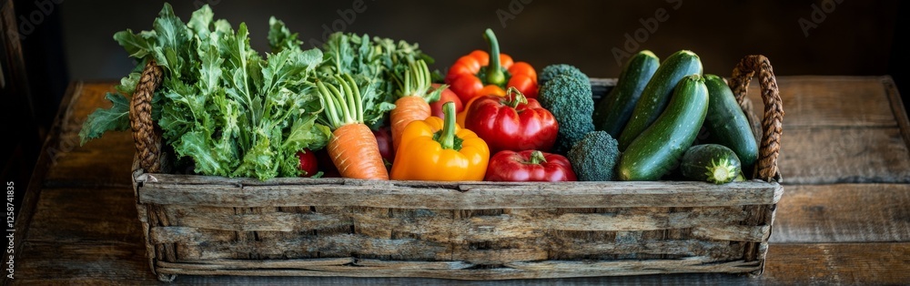 A rustic wooden basket overflows with freshly harvested organic vegetables, including colorful peppers, cucumbers, carrots, and leafy greens, displayed in a cozy farm setting A rustic wooden basket overflows with freshly harvested organic vegetables, including colorful peppers, cucumbers, carrots, and leafy greens, displayed in a cozy farm setting