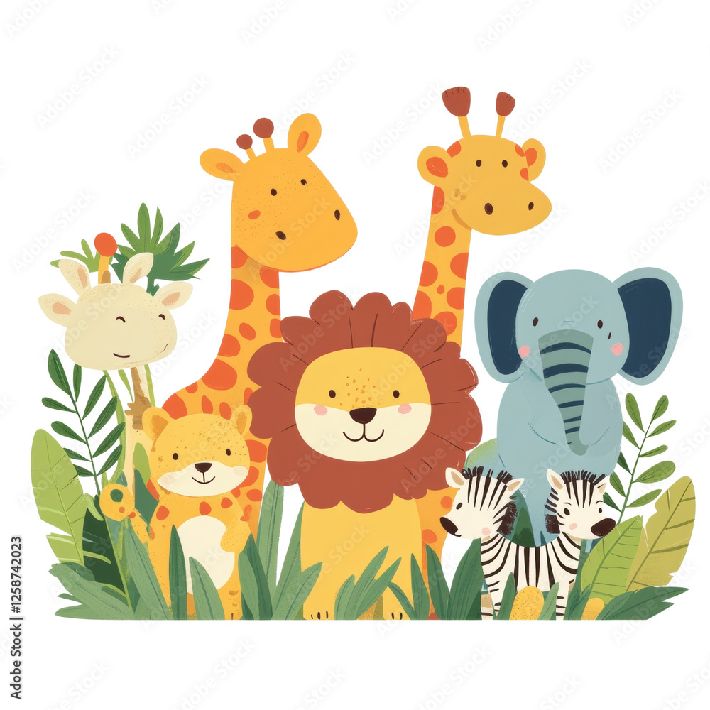 Group of cute jungle animals, white isolate background Group of cute jungle animals, white isolate background