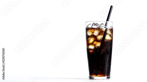 Refreshing glass of cola with ice cubes and a straw isolated on white background. photo