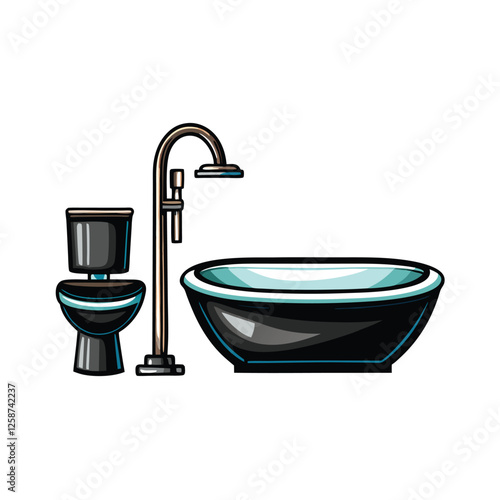 Create a vector illustration of a sleek, modern bathroom featuring a freestanding bathtub, minimalist fixtures, and large window with natural light.