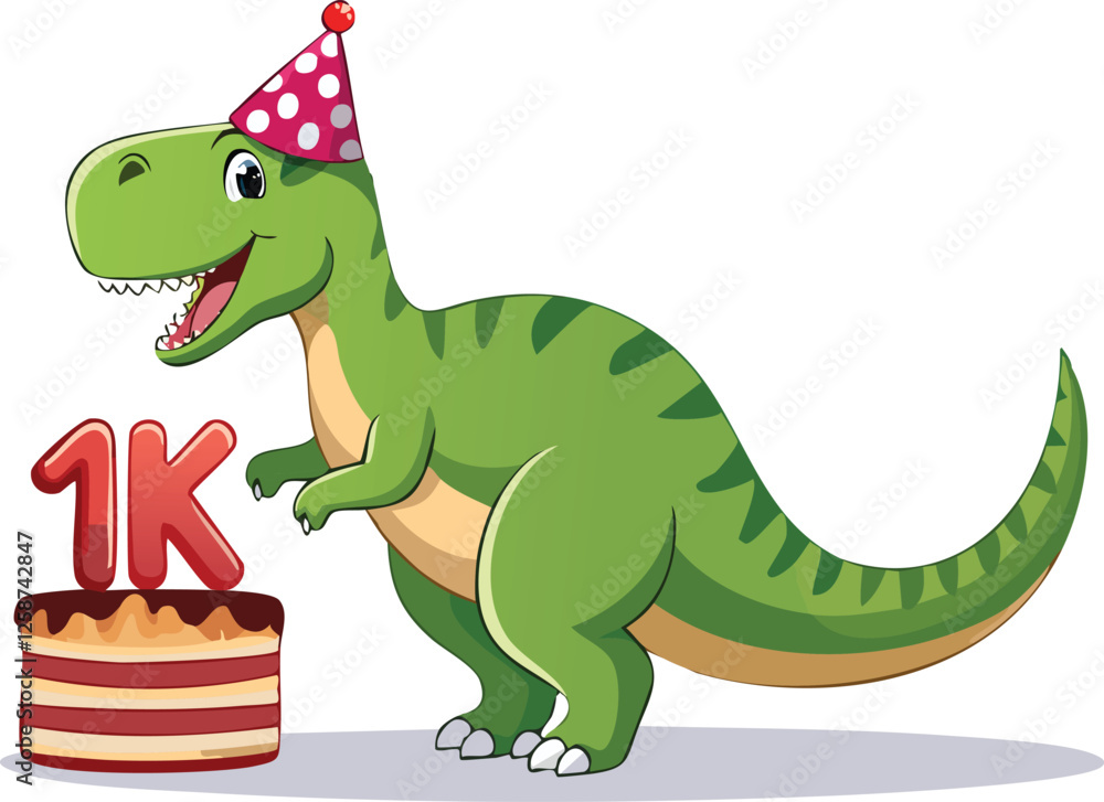Fototapeta premium A happy dinosaur smiling with celebration cake...
