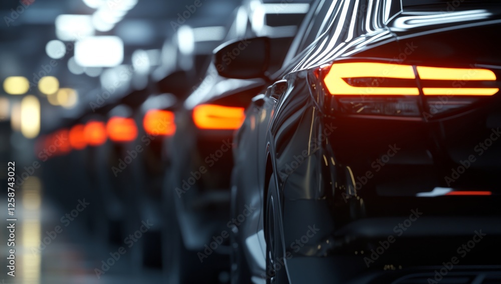 Automotive assembly line; cars moving on conveyor; factory interior; lights illuminating Automotive assembly line; cars moving on conveyor; factory interior; lights illuminating