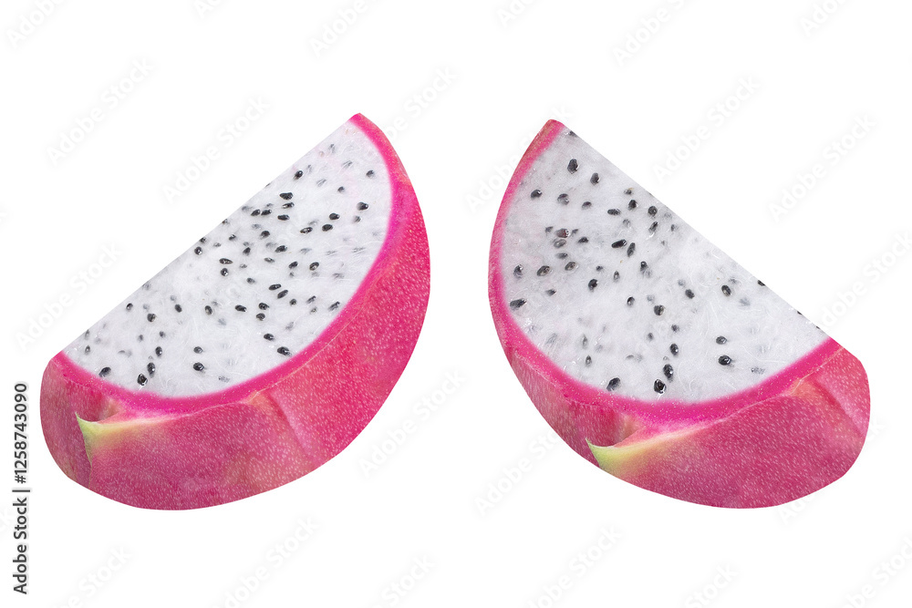 Two slices of dragon fruit or pitaya on isolated white background. Two slices of dragon fruit or pitaya on isolated white background.