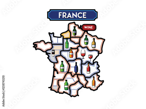 Create a vector map of France highlighting major wine-producing regions with distinct color-coding and regional names.  Include labels for key vineyards or appellations.