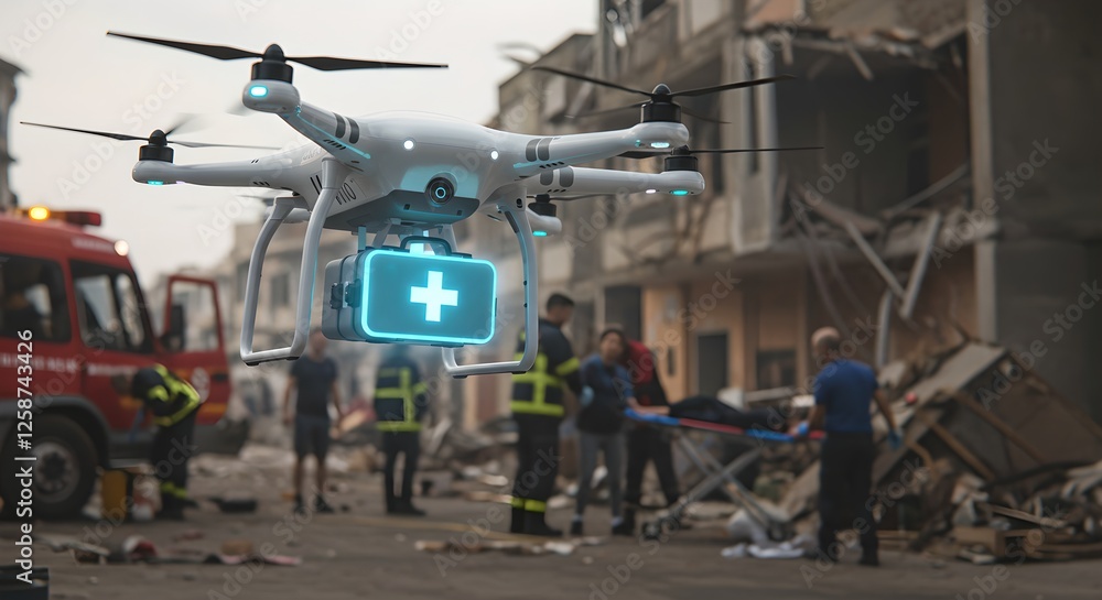 Fototapeta premium Medical drone delivering supplies at disaster site. Futuristic emergency response with aerial technology. Rescue workers and fire truck at collapsed building scene.