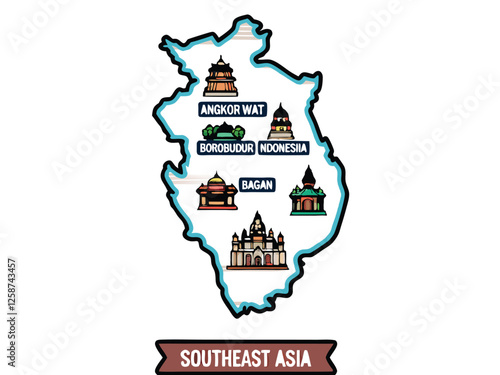 Create a detailed vector map of Southeast Asia highlighting key cultural landmarks.  Include country borders and major cities.