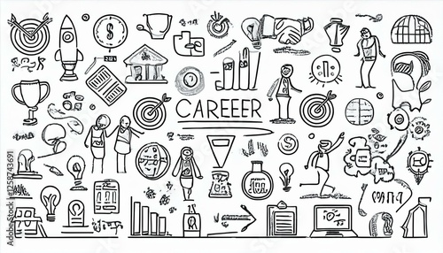Doodle career icon set. Success winner, business goal, challenge hand drawn sketch line pen stroke style icon. Professional business career, goal sketch doodle drawn collection. perfect any project.