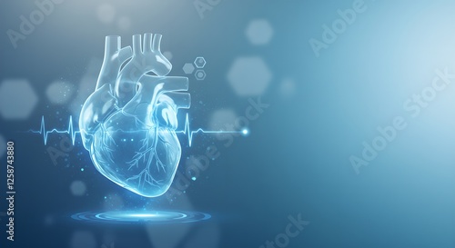 Futuristic digital hologram of human heart with heartbeat line. Advanced cardiology, telemedicine, AI in healthcare. Medical technology concept on blue background.