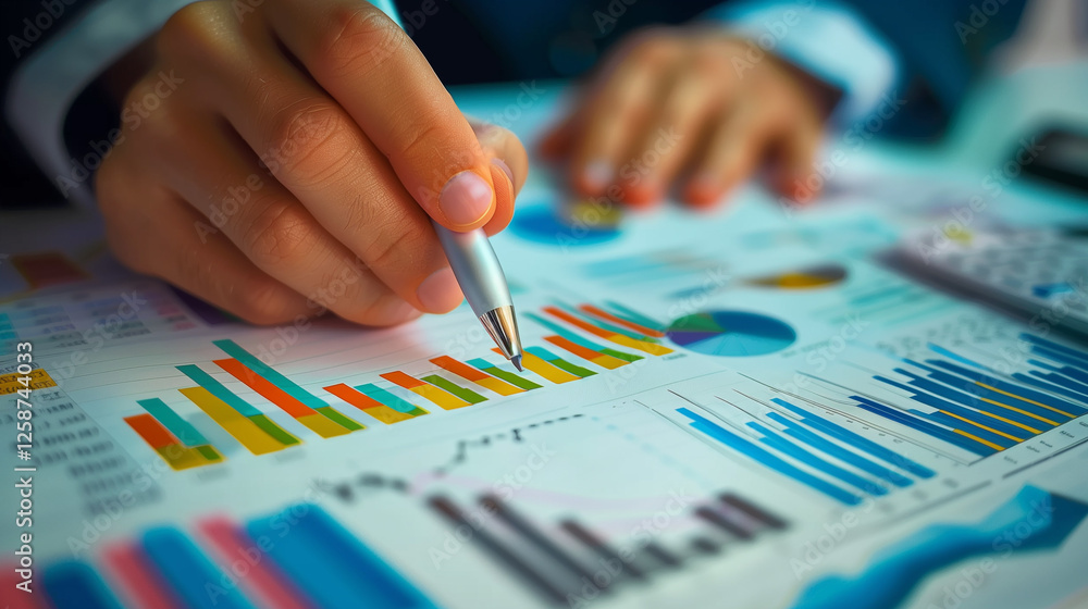 close-up hands using pen calculator analyzing financial charts business market trends office desk close-up hands using pen calculator analyzing financial charts business market trends office desk