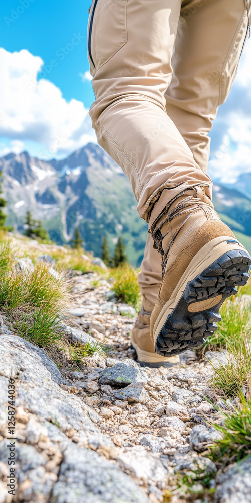 A person hiking on a rocky mountain trail, wearing beige pants and sturdy hiking boots. The background features a scenic view of mountains and a partly cloudy sky. A person hiking on a rocky mountain trail, wearing beige pants and sturdy hiking boots. The background features a scenic view of mountains and a partly cloudy sky.
