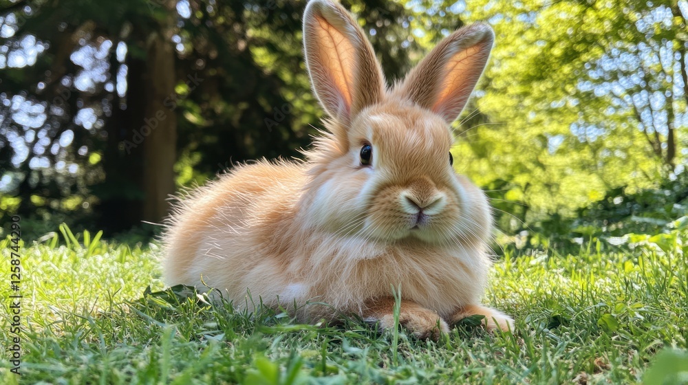 Fototapeta premium Fluffy Orange Rabbit Resting In Green Grass