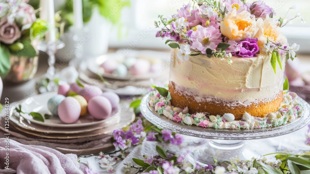 A beautifully decorated cake topped with fresh flowers and sprigs, set on a decorative plate in a pastel-themed spring setting. A beautifully decorated cake topped with fresh flowers and sprigs, set on a decorative plate in a pastel-themed spring setting.