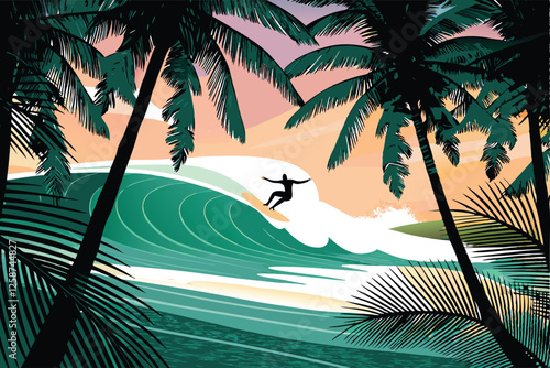 Create a vibrant vector illustration of a surfer skillfully riding a large, curling ocean wave in a tropical setting, showcasing dynamic movement and bright colors.