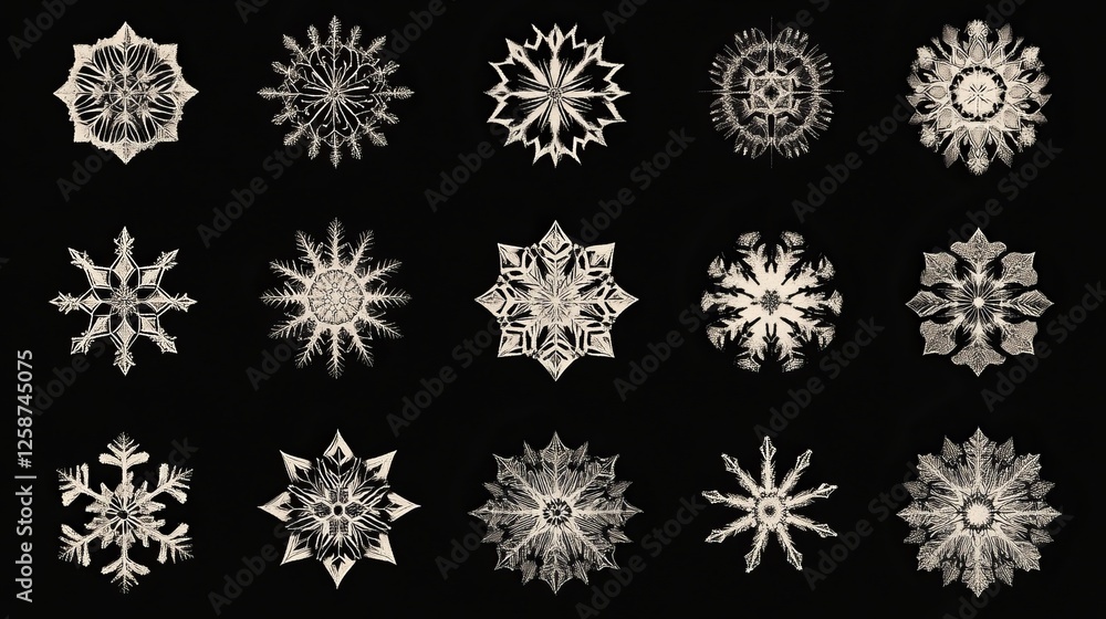 A set of snowflake icons, each designed as a unique element with intricate, delicate patterns. These icons symbolize winter, cold A set of snowflake icons, each designed as a unique element with intricate, delicate patterns. These icons symbolize winter, cold