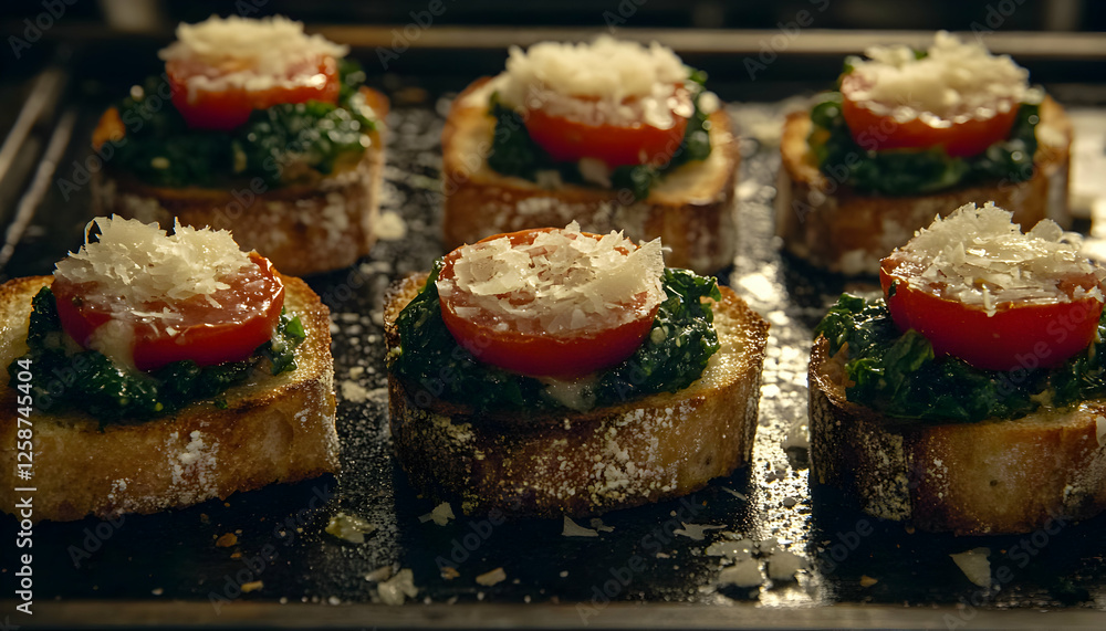 Delicious toasted bread topped with sauteed spinach, roasted tomatoes, and parmesan cheese. Perfect appetizer or light meal. Delicious toasted bread topped with sauteed spinach, roasted tomatoes, and parmesan cheese. Perfect appetizer or light meal.