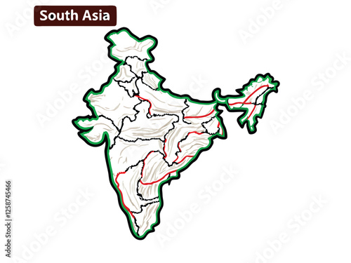 Create a clean vector outline map of South Asia, clearly labeling all states/countries. Include a simple, elegant design. (1)