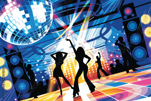 Design a vibrant vector party background featuring a dazzling disco ball, neon lights, and energetic shapes.  Include a celebratory and festive atmosphere.