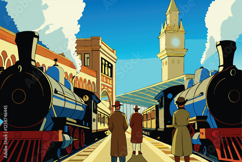 Create a vector background depicting a vintage train station emitting steam, emphasizing retro detail & atmospheric perspective.