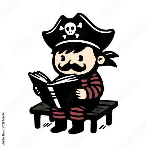 pirate reading a book, cute funny reading character cartoon sketch