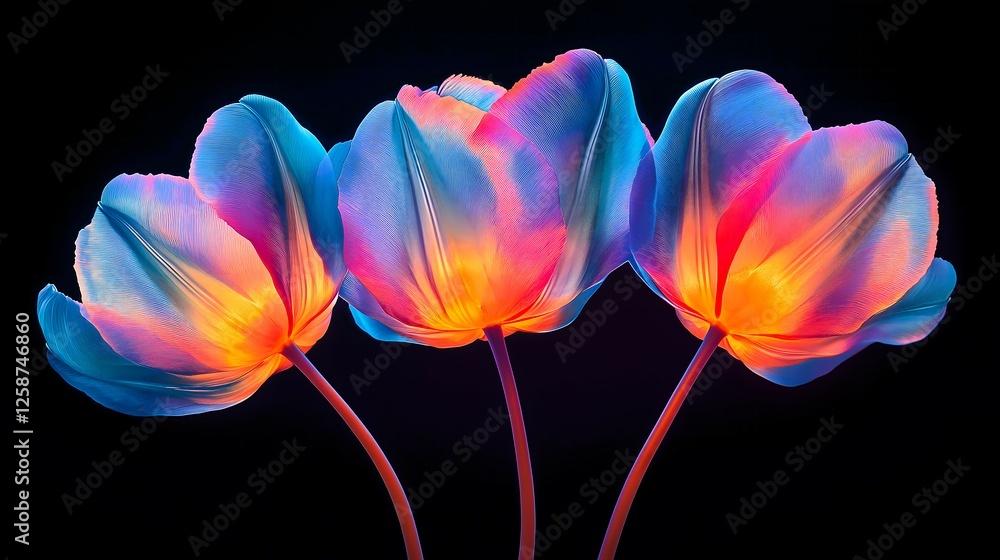 Tree neon tulips on a dark background. Simple, trendy, Spring concept.