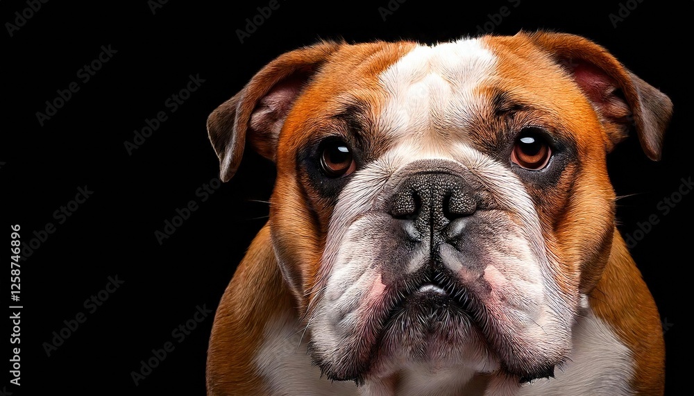 Close-up of a bulldog with expressive eyes against a dark background Close-up of a bulldog with expressive eyes against a dark background