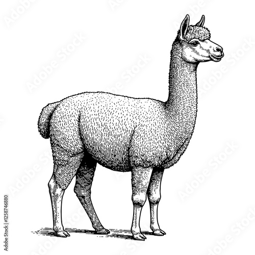 Detailed Alpaca Illustration Full Body in Black and White Outline Line Art Drawing