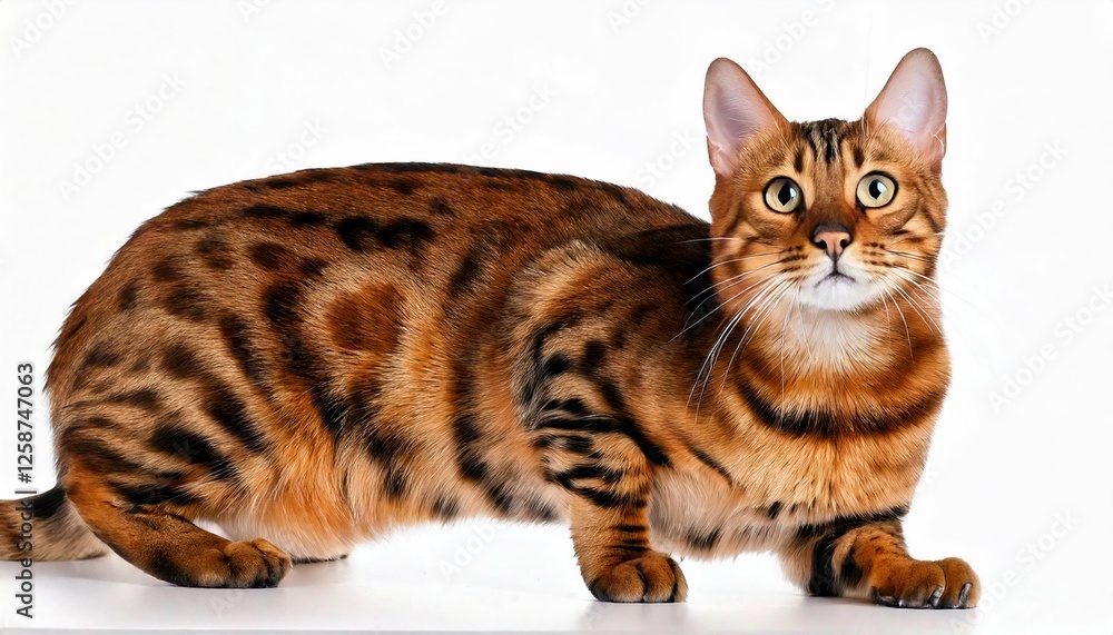 Bengal cat displaying striking coat pattern on a white background in a studio setting Bengal cat displaying striking coat pattern on a white background in a studio setting