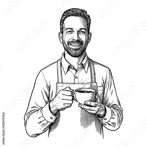 Smiling Barista Man Holding Coffee Cup Black and White Outline Line Art Drawing Illustration