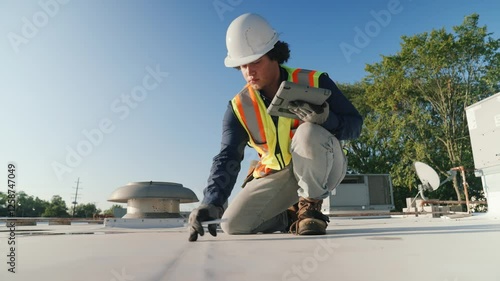 Building Inspector Examining Commercial Roof for Code Compliance