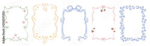 Set of hand drawn borders with ribbons, bows, butterflies, strawberries, flowers. Crayon pencil texture. Elegant cute frames, decoration for spring, summer design, greeting card, invitation templates.