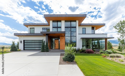 Modern mountain home exterior, driveway, landscaping, sunny day, real estate photo