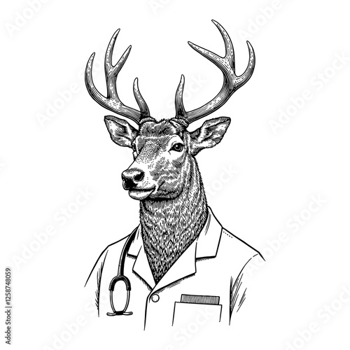 Anthropomorphic Deer Doctor in Detailed Black and White Outline Line Art Drawing Engraving Style