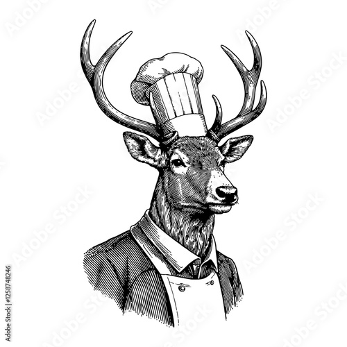 Anthropomorphic Deer Chef with Antler in Black and White Outline Line Art Drawing