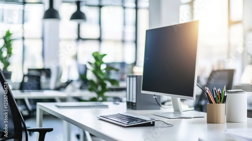 Wallpaper Mural Modern Office Workspace: Desk with Computer, Keyboard, and Office Supplies Torontodigital.ca