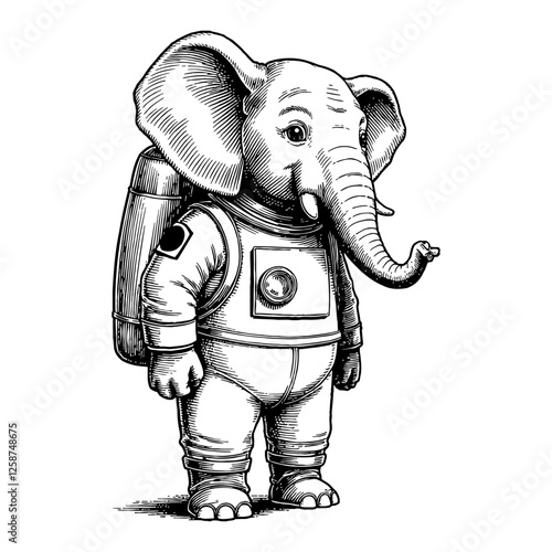 Engraved Elephant Astronaut in Detailed Black and White Outline Line Art Drawing Illustration