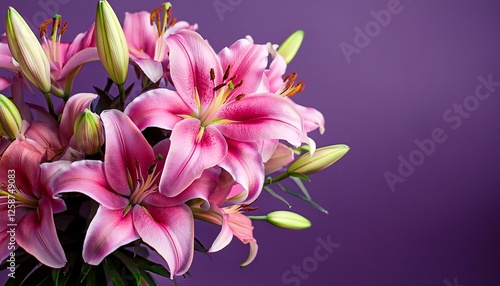 lilly flowers big bunch of beautiful lily flowers bouquet in a vase lillies pink lilies rotating fresh fragrant lilies over purple background holiday backdrop