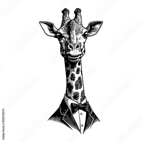 Isolated Giraffe Head Animal in Tuxedo Detailed Black and White Outline Line Art Drawing
