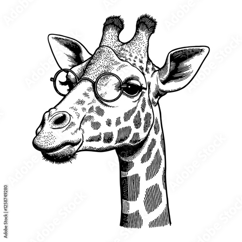 Portrait of Giraffe Wearing Glasses in Detailed Black and White Outline Line Art Drawing