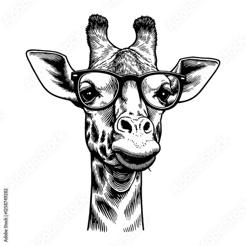 Giraffe Wearing Glasses Detailed Black and White Engraving Style Outline Line Art Drawing