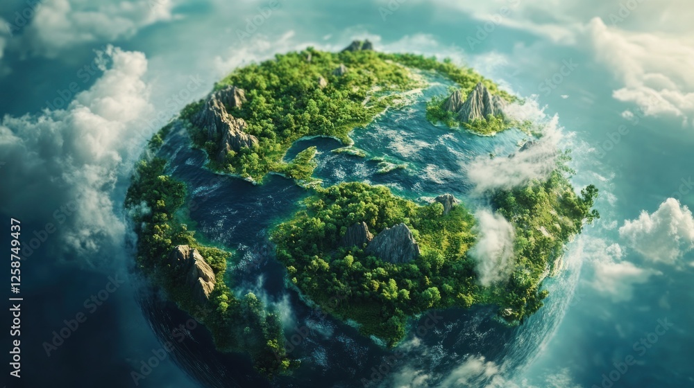 Lush, green planet Earth with islands, mountains, and oceans. Lush, green planet Earth with islands, mountains, and oceans.