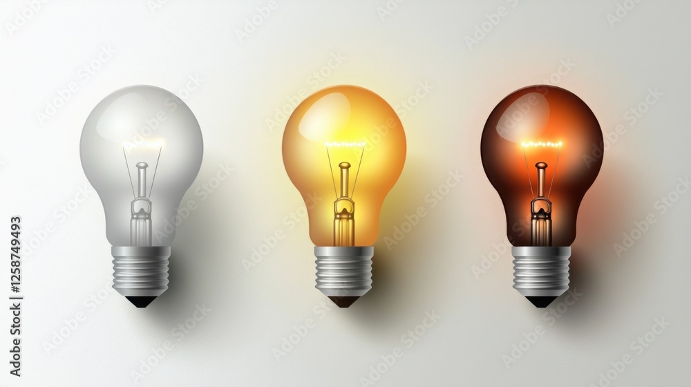 Three light bulbs of different colors on a gray background showcase various lighting intensities and their effect on the surrounding environment. Three light bulbs of different colors on a gray background showcase various lighting intensities and their effect on the surrounding environment.