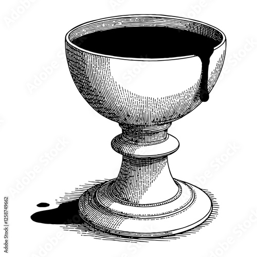 Ornate Chalice Goblet Full of Blood Spilling Over Black and White Outline Line Art Drawing