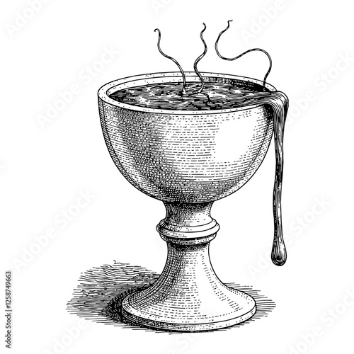 Goblet with Alien Liquid Dripping Detailed Black and White Outline Line Art Drawing