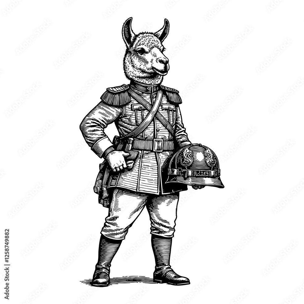 Llama Humanoid Animal Head Wearing Military Costume and Helmet Black and White Outline Line Art Drawing Llama Humanoid Animal Head Wearing Military Costume and Helmet Black and White Outline Line Art Drawing